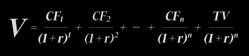 Matematisk formel för beräkning av nuvärde av framtida kassaflöden, där V är totalt värde, CF representerar kassaflöden för olika perioder, r är diskonteringsränta och n är antal perioder.