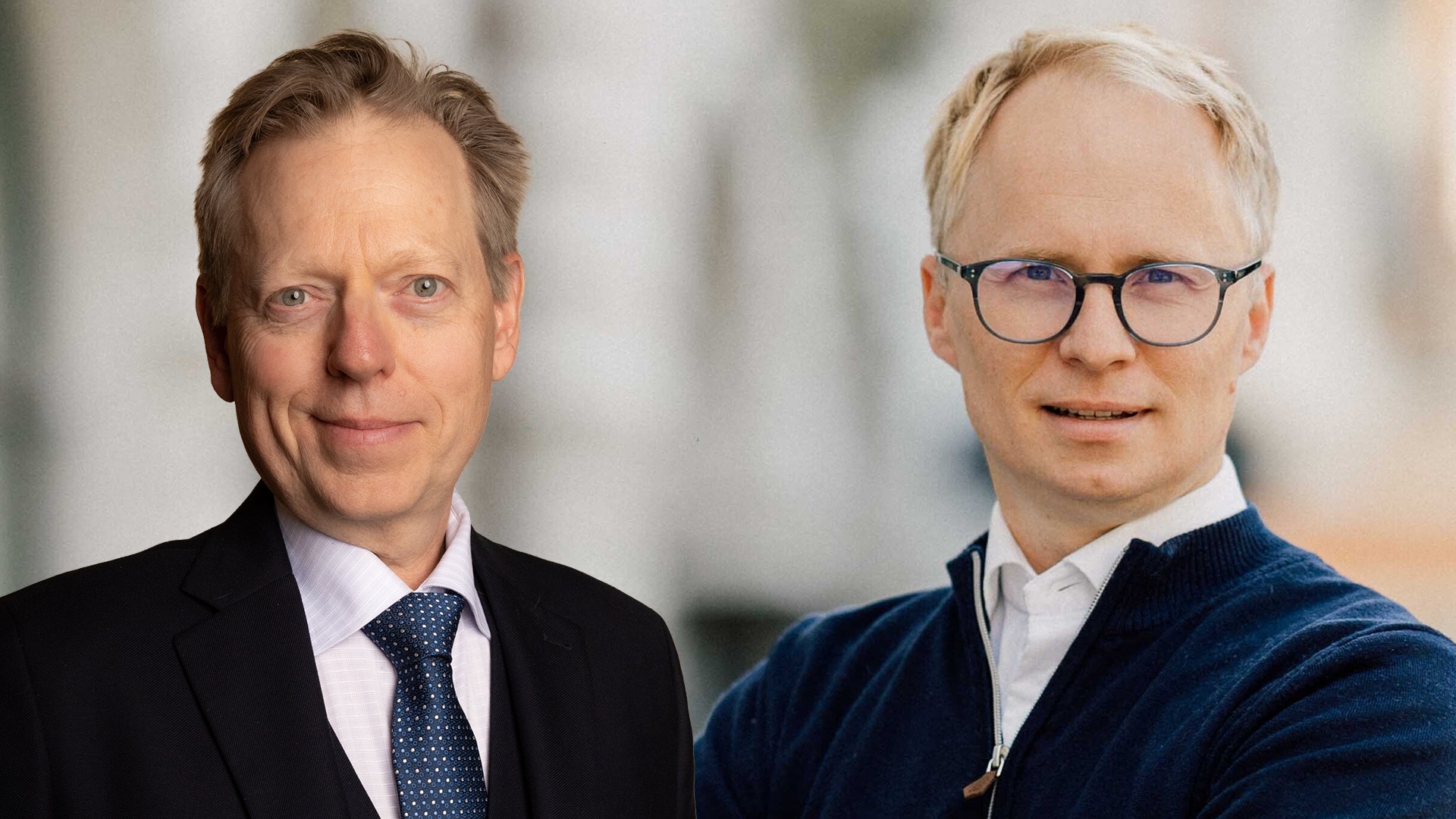 Två män i kostym respektive stickad tröja poserar för en porträttbild.