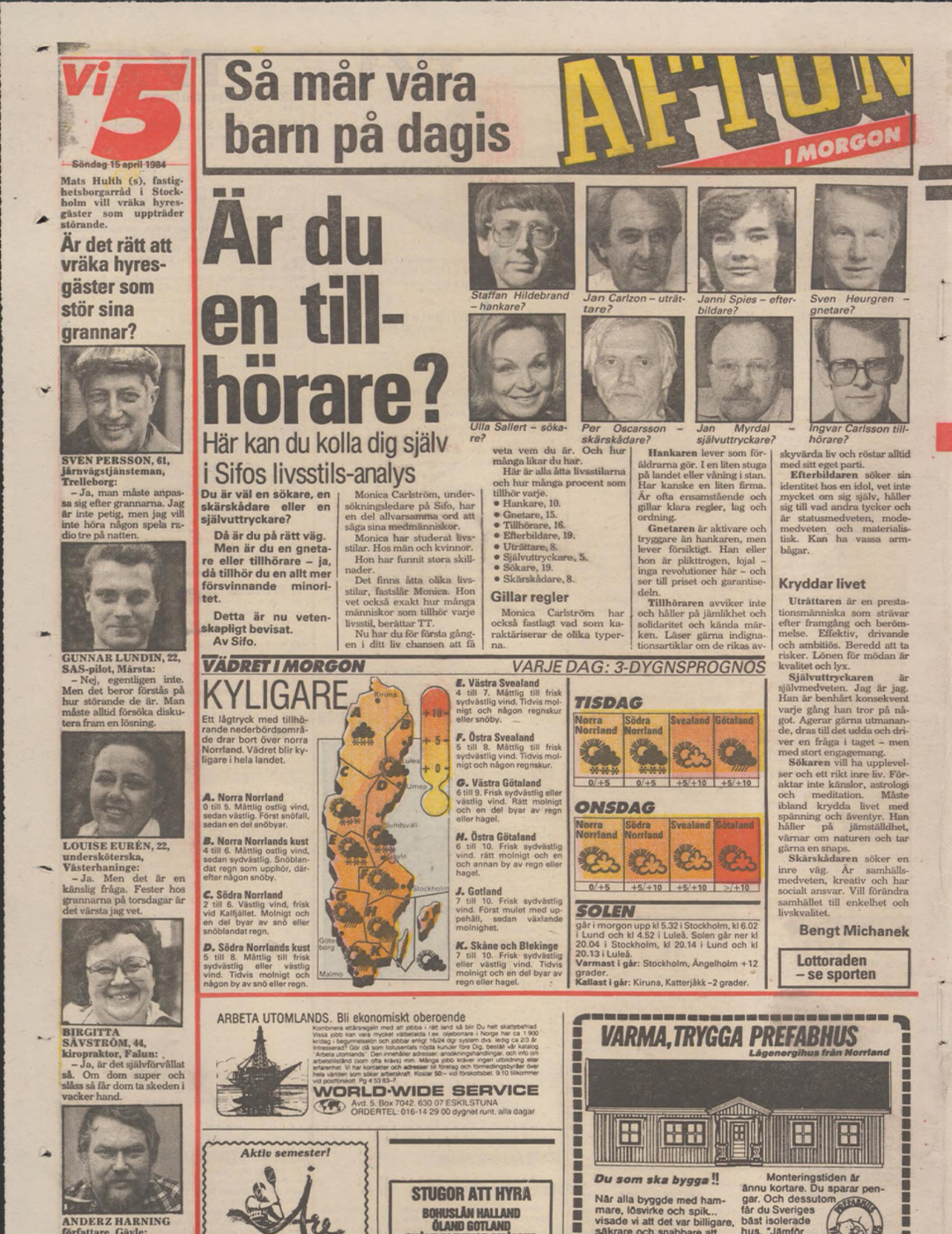 Framsida av en gammal svensk tidning med artiklar, porträttfoton och annonser