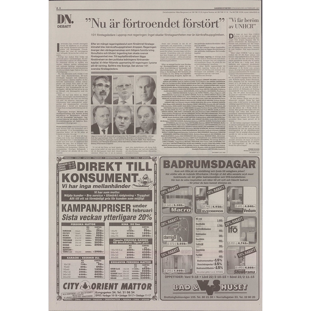 Tidningssida från DN Debatt 1997 med debattartikel och porträtt av sex män