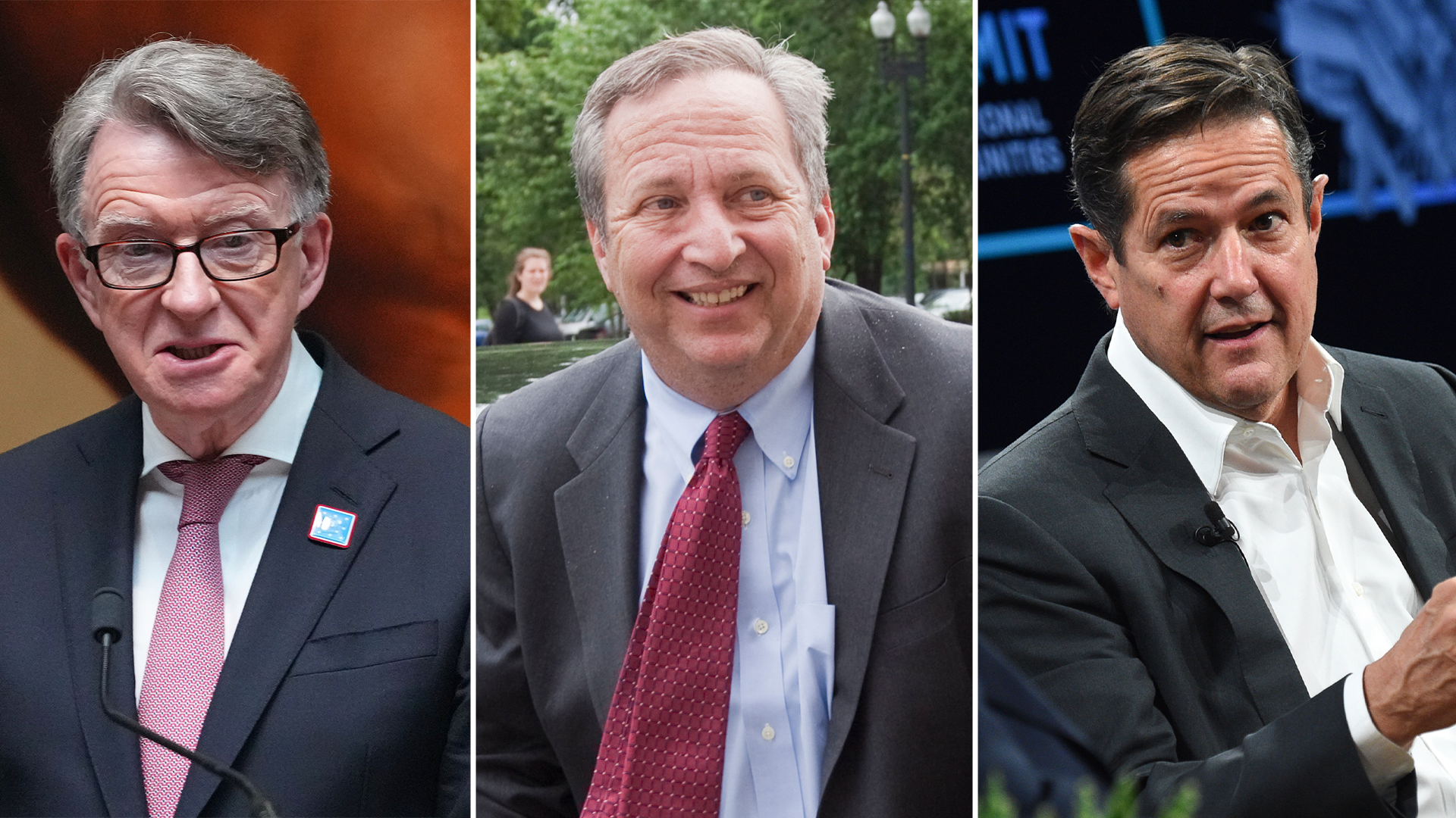 Tre porträtt av män i professionella miljöer. Till vänster en man med glasögon i mörkblå kostym och rosa slips framför en orange bakgrund. I mitten en äldre man med gråvitt hår i grå kostym och röd slips utomhus med grön vegetation i bakgrunden. Till höger en man i mörkblå kostym och vit skjorta mot en blå bakgrund.