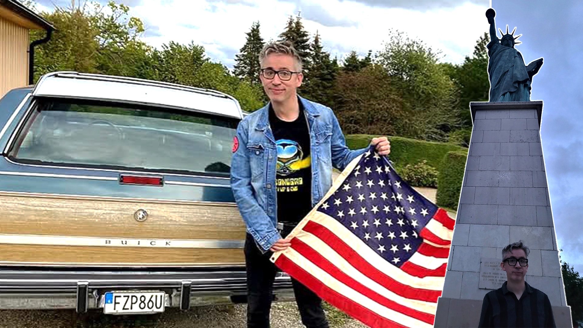 Fredrik Strage i ett montage där han står och håller i en amerikansk flagga, samt en bild när han står framför den lilla frihetsgudinnan i Paris. 