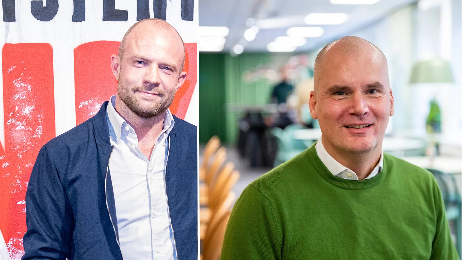 Två män poserar för porträtt i ett modernt kontor. Mannen till vänster bär en mörkblå kavaj och vit skjorta. Mannen till höger bär en grön tröja och vit skjorta.