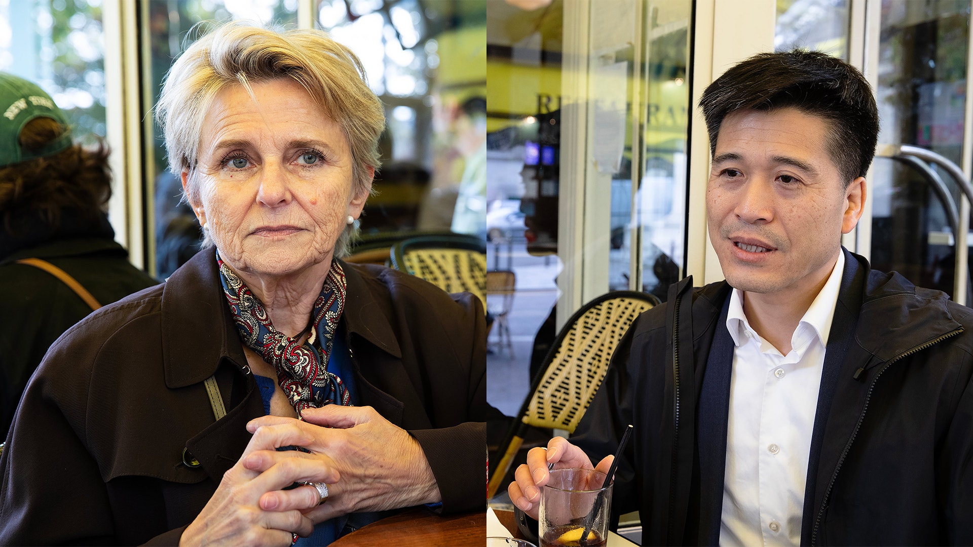 Två porträtt bredvid varandra: en äldre kvinna med kort ljust hår och en man med mörkt hår, båda sittande på ett café.
