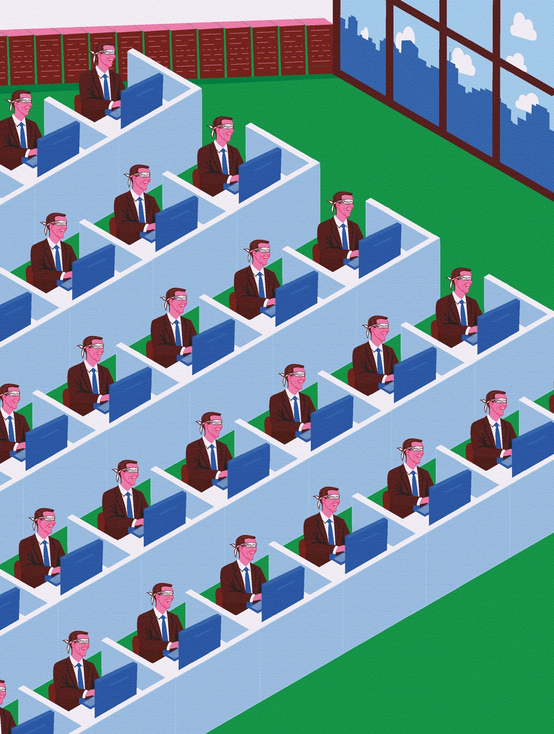 Illustration av ett kontorslandskap där många män i kostym och slips sitter vid datorer i ett öppet landskap. Bilden visar monotoni och likformighet i företagsmiljön.