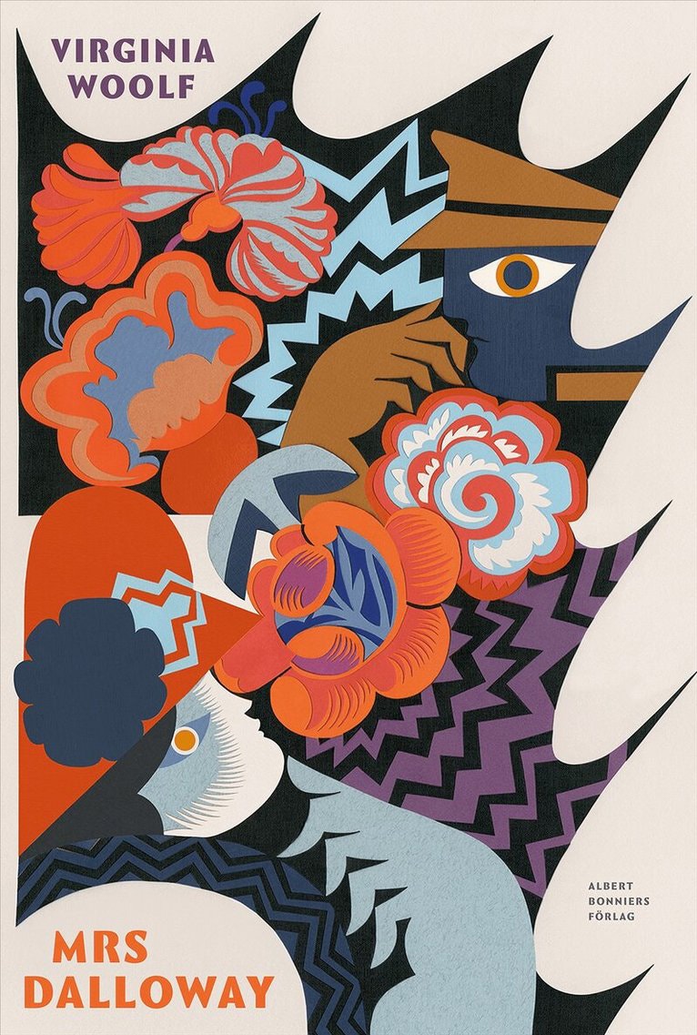 Bokbladssida för Mrs Dalloway av Virginia Woolf. Designen visar en stiliserad kvinnlig profil i svart med färgglada blommor i orange och röd, samt geometriska mönster i blå och lila.