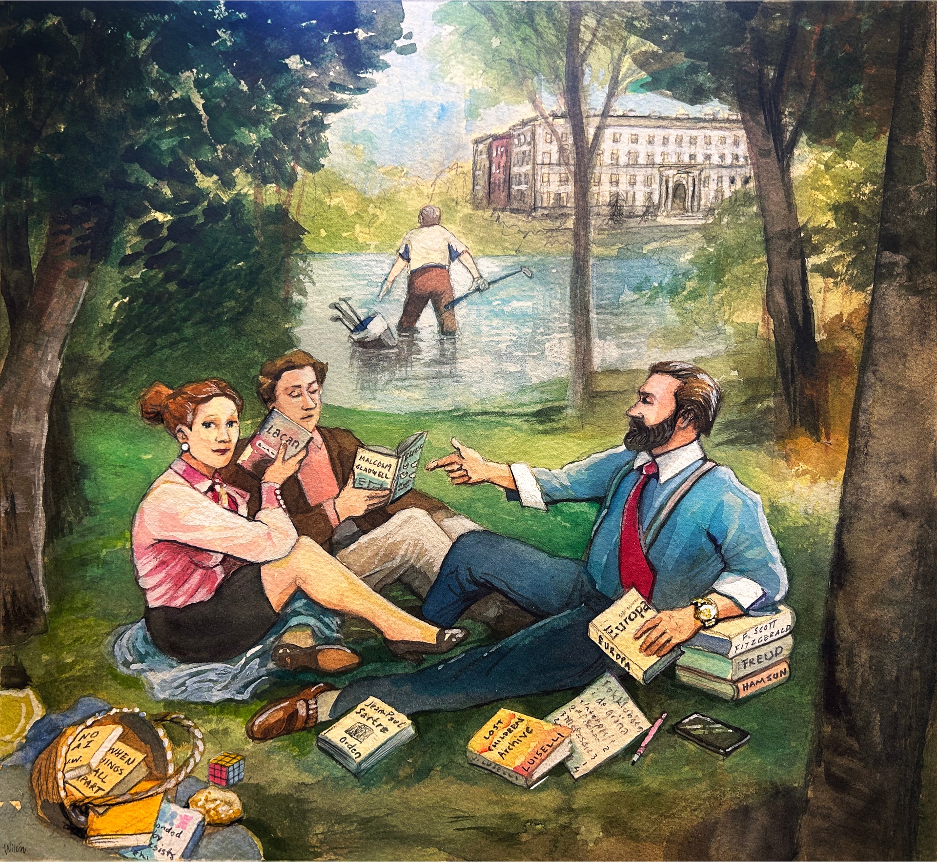 Illustration av en bokcirkel. Tre personer sitt i en park och läser böcker och äter mat. 