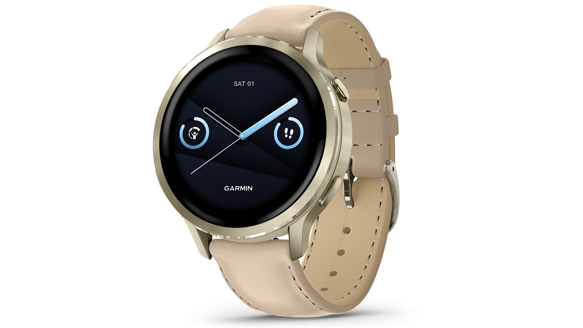 Garmin smartwatch med beige läderband och rund skärm som visar klocka och funktionsikoner.