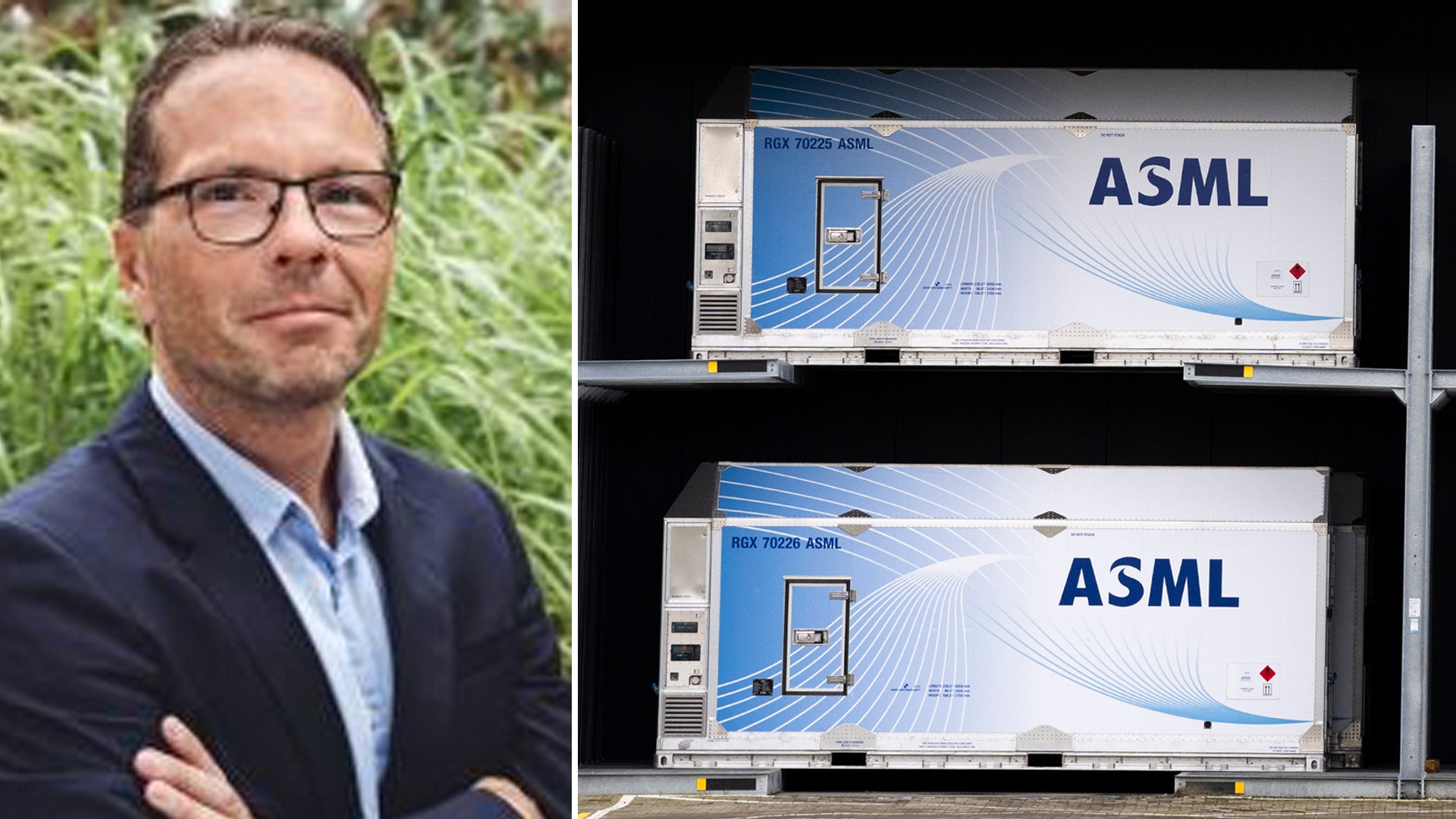 Inge Heydorn, techförvaltare på Chelverton till vänster, ASML-containrar till vänster.