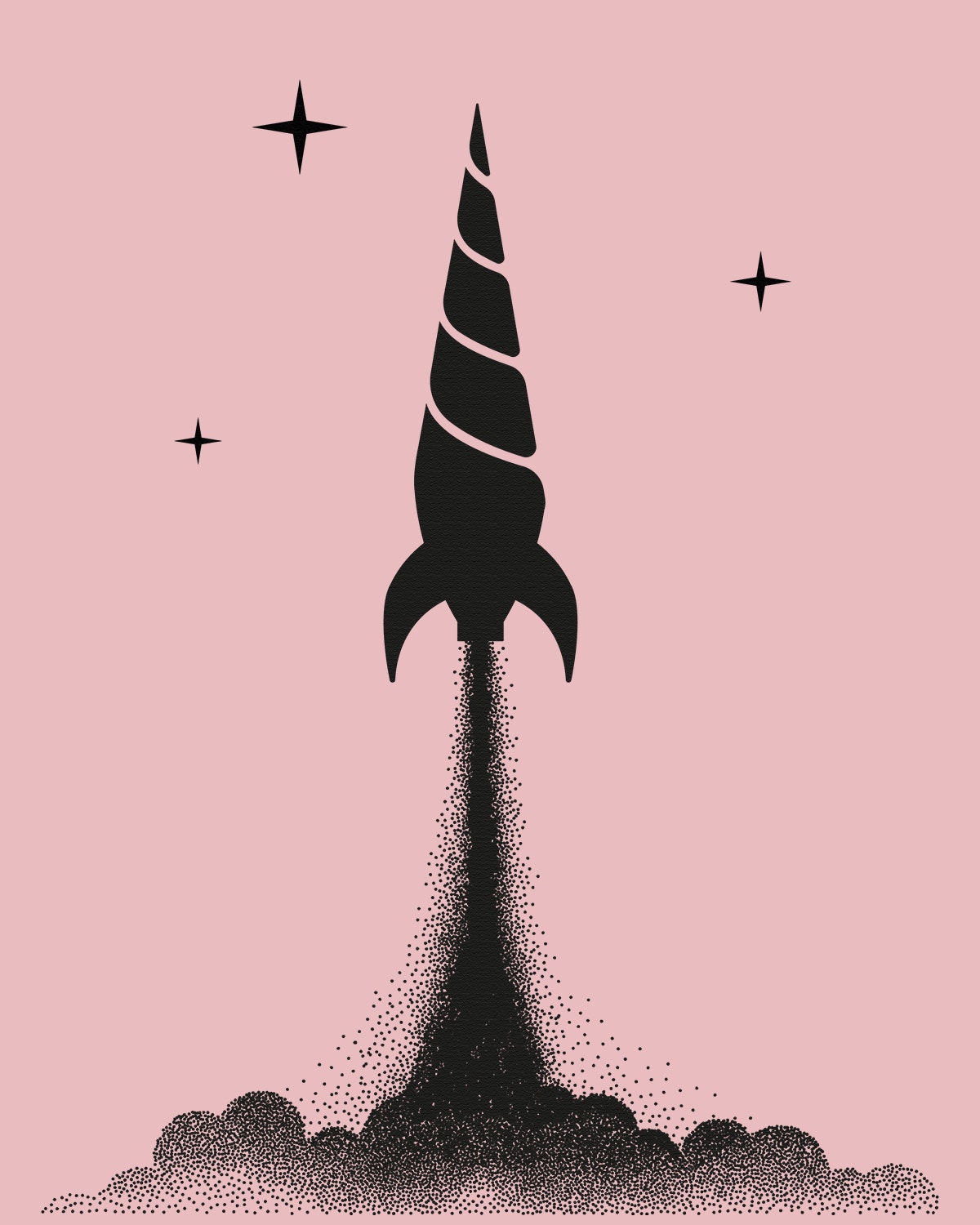 Illustration av en svart raket formad som en enhörning som startar från marken mot en rosa himmel med små stjärnor.