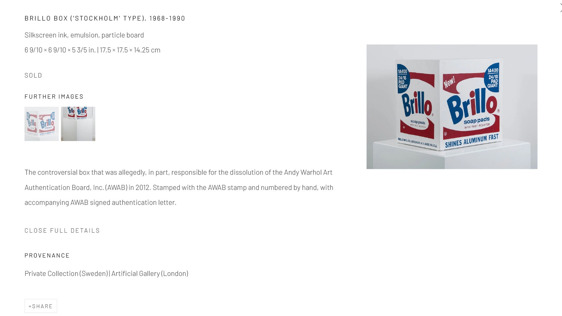 Skärmklipp på annonsen för den Brillo-box som sålts av Artificial Gallery.