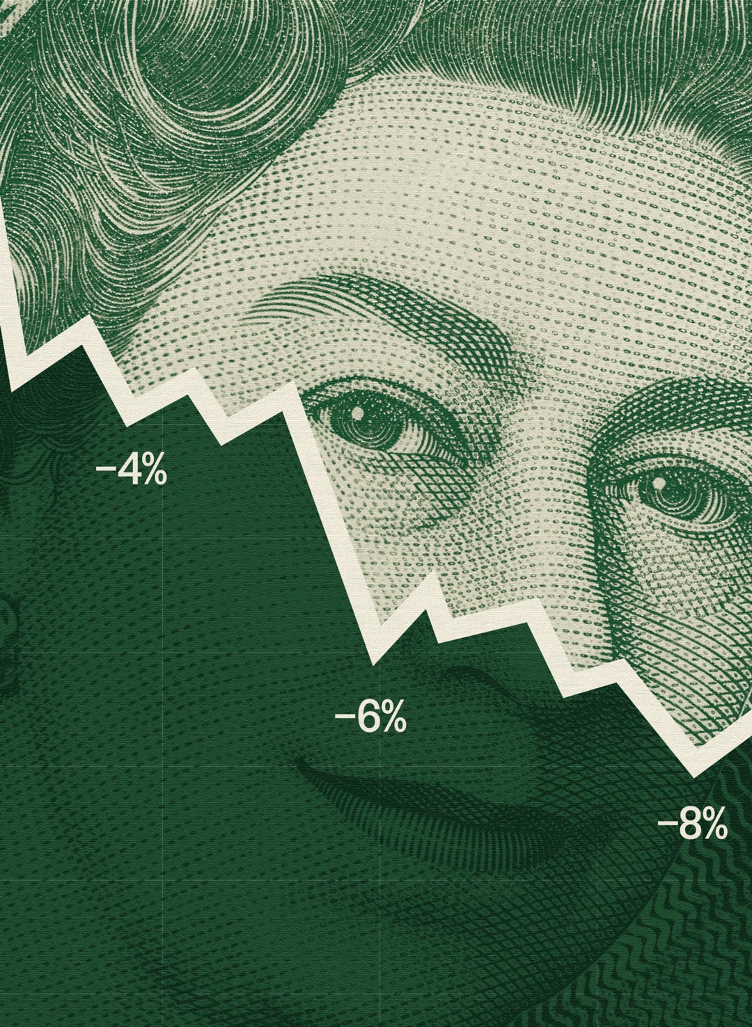Illustration av ett porträtt från ett pund-sedel med en fallande graf överlagd, som visar negativa procenttal som representerar ekonomisk nedgång eller BNP-minskning.