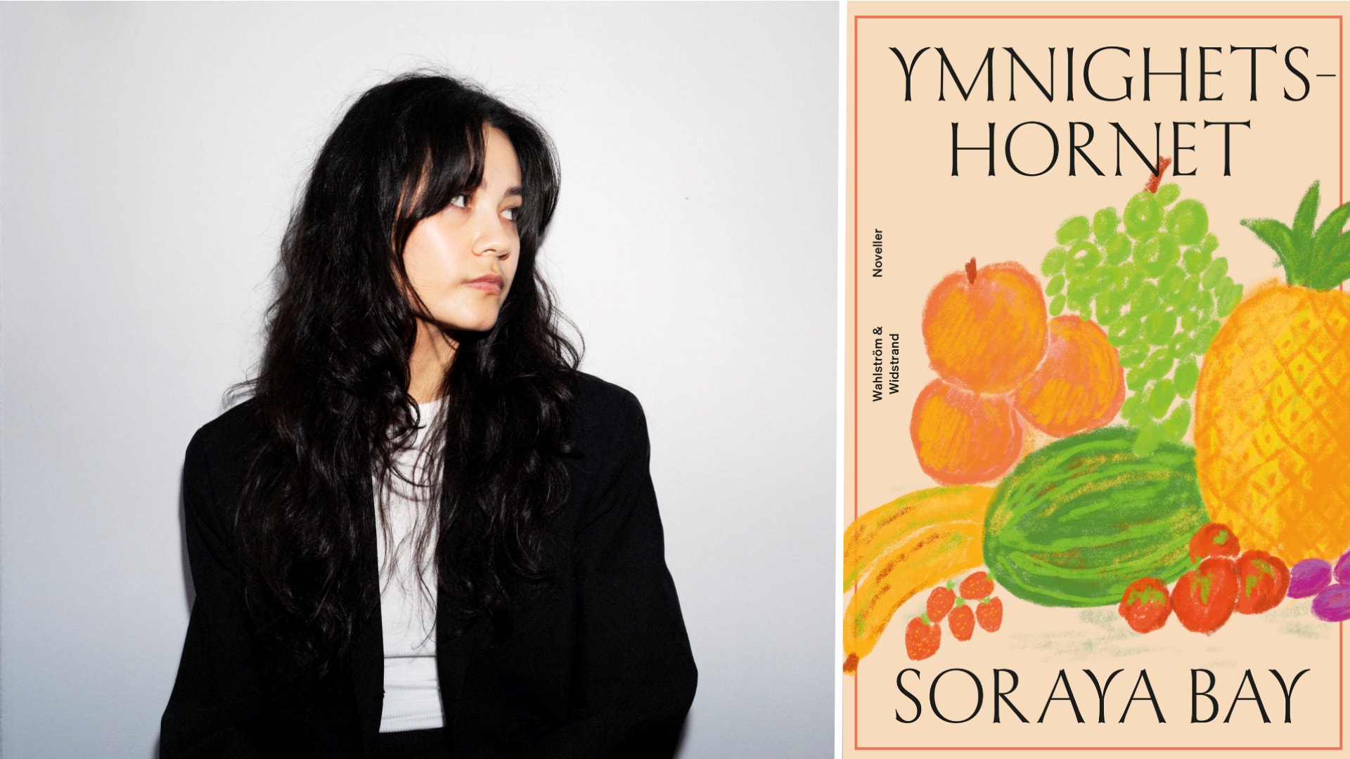 Porträtt av Soraya Bay tillsammans med bokens omslag för "Ymnighetshornet" som visar illustrerade frukter.