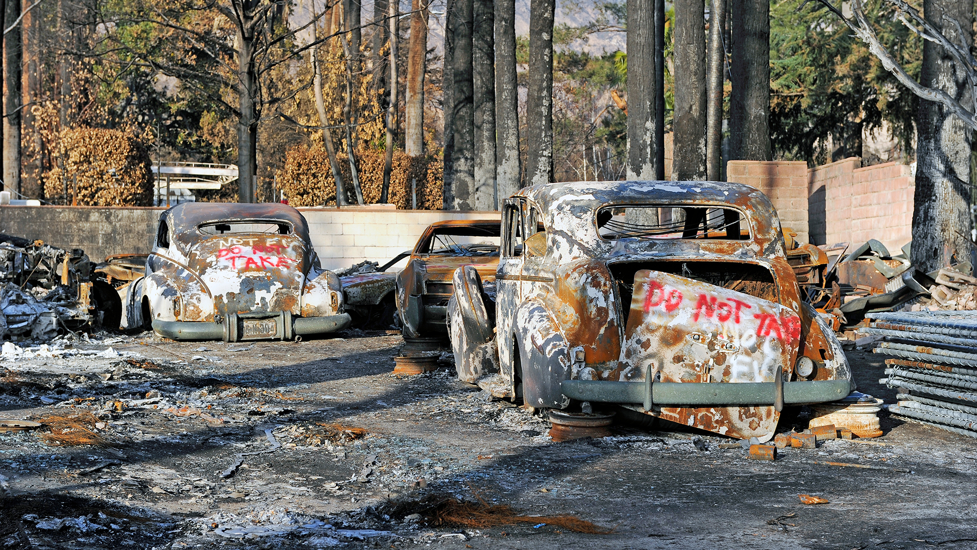 Bränder har härjat över kalifornien. På en gata står ett antal totalförstörda bilar.
