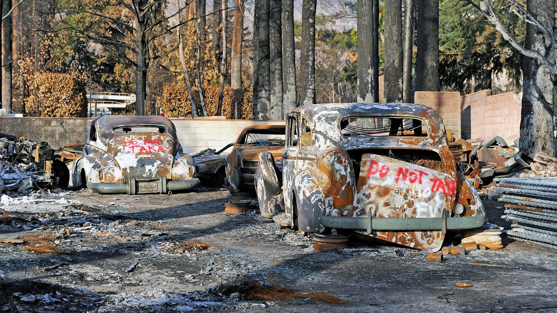 Bränder har härjat över kalifornien. På en gata står ett antal totalförstörda bilar.
