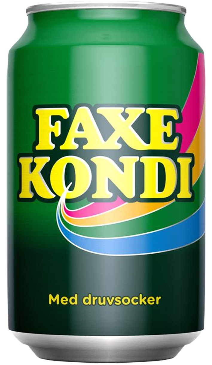 Grön aluminiumburk med texten "Fake Kondi" i gult och en färgglad våg-design på etiketten.