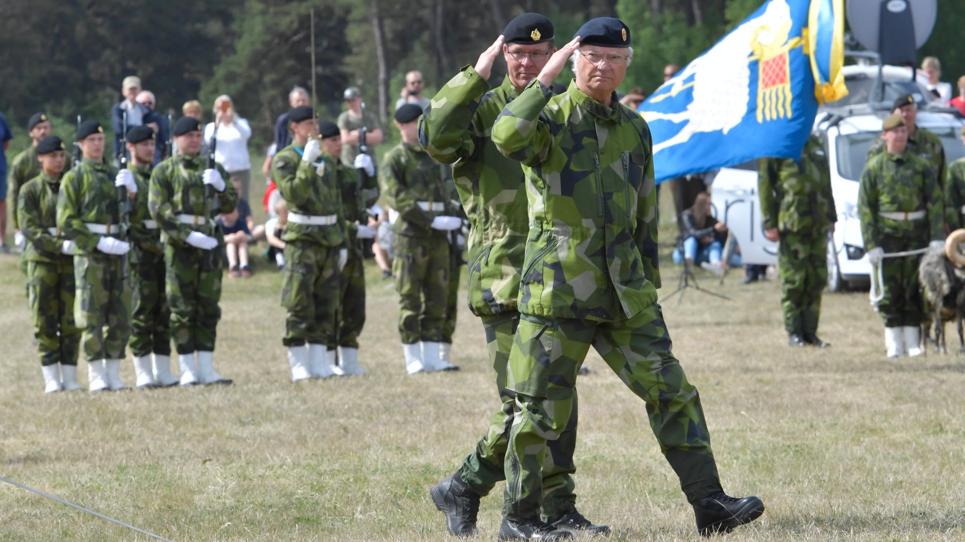 Militär ceremoni med soldater i kamouflageuniformer. Två officerare saluterar i förgrunden medan fler soldater står uppställda i bakgrunden på en gräsplan. Svenska flaggor syns i bakgrunden.