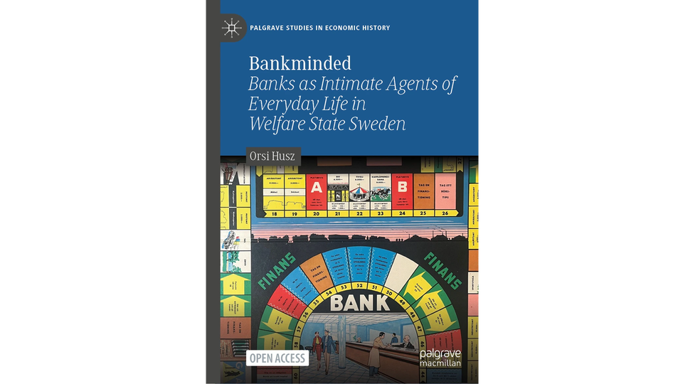 Bokomslag för "Bankminded" som visar en bankbyggnad och ett färgglatt cirkeldiagram med bankens olika avdelningar