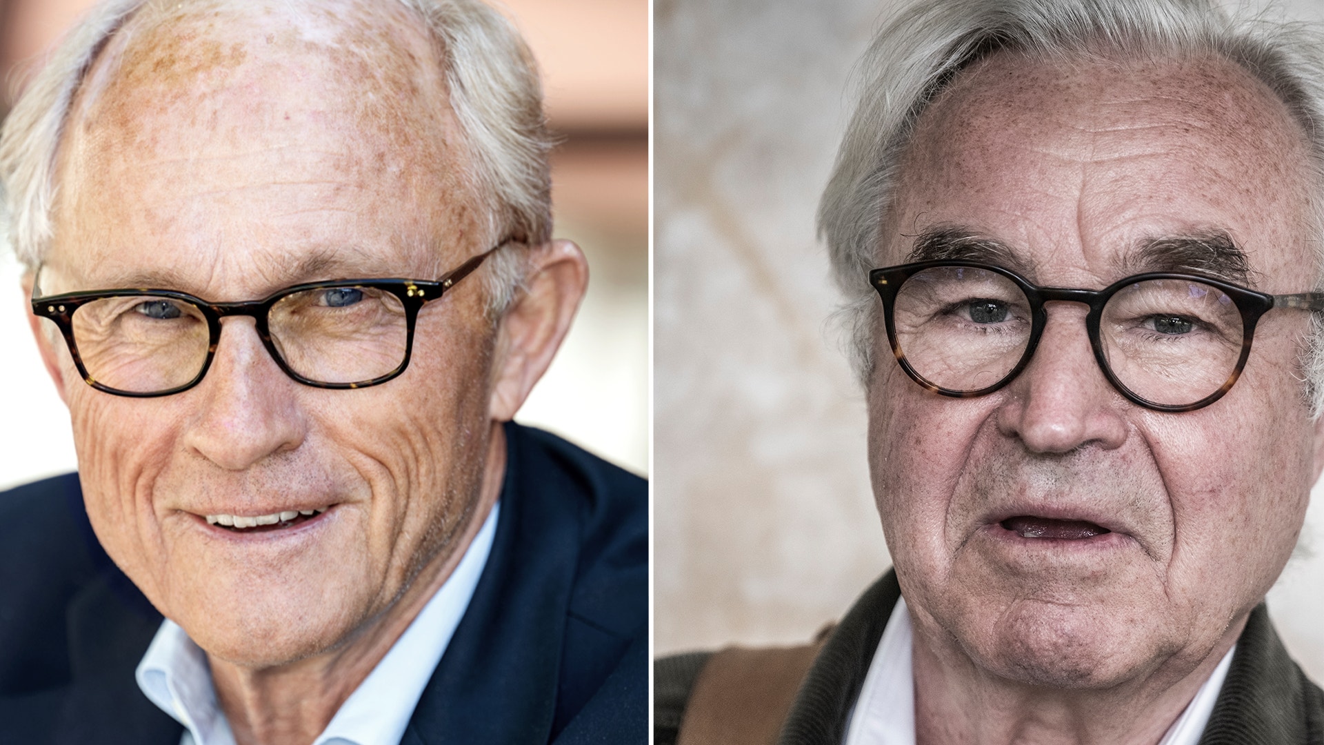 Två porträttfotografier av äldre män med glasögon.