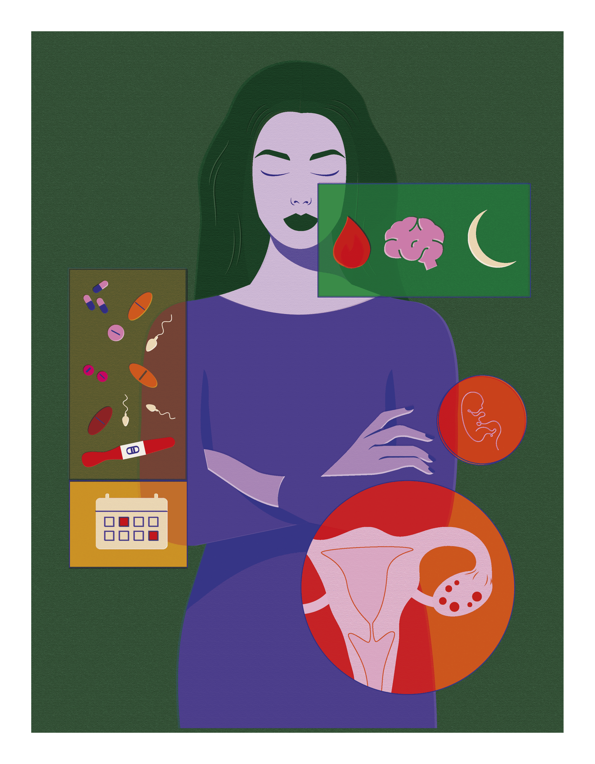 Illustration av en kvinna omgiven av ikoner som representerar hälsa, välfärd och medicin.