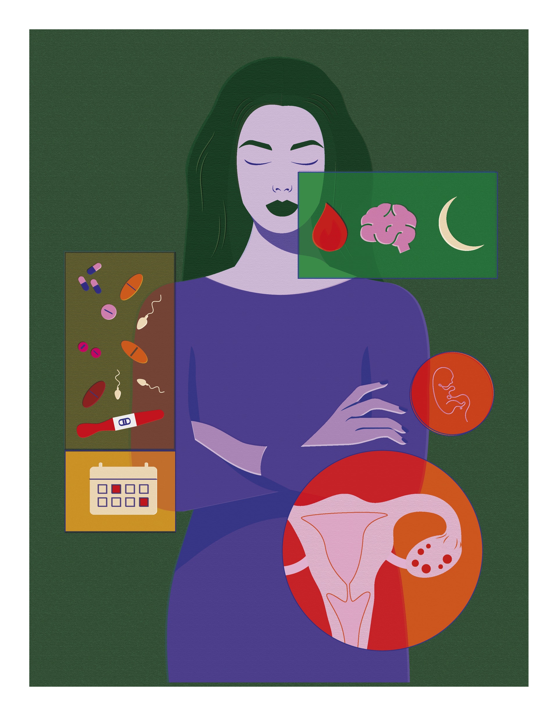 Illustration av en kvinna omgiven av ikoner som representerar hälsa, välfärd och medicin.