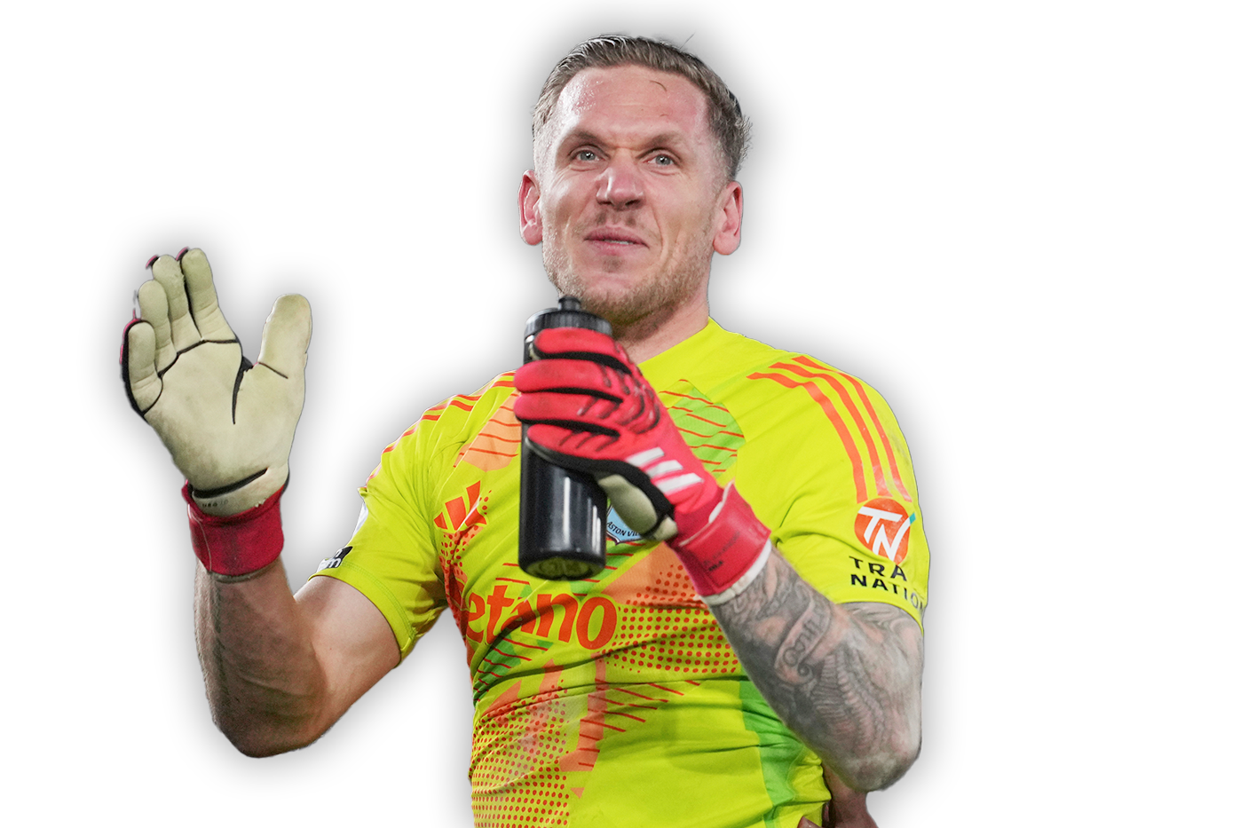 Svenska målvakten Robin Olsen i en gul matchtröja med sponsorn Betano över bröstet.