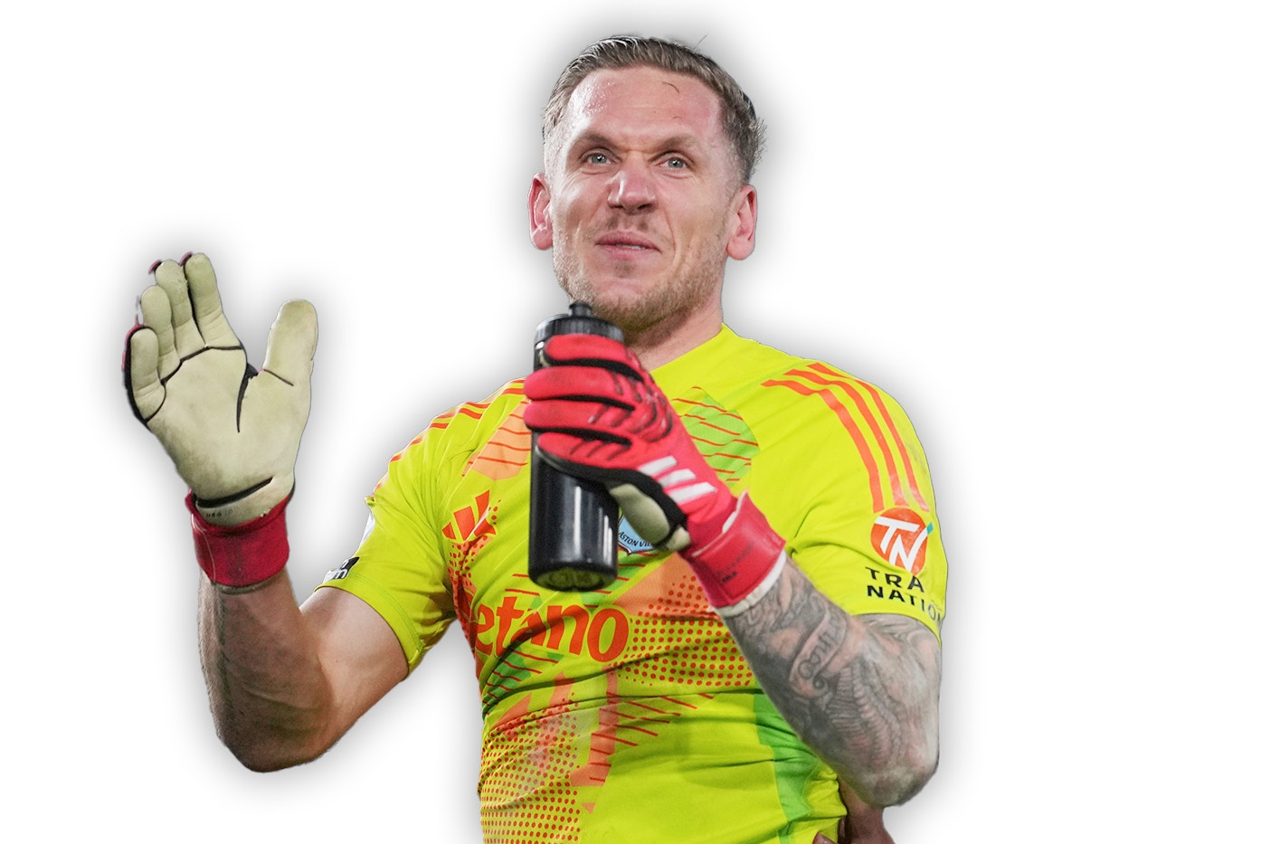 Svenska målvakten Robin Olsen i en gul matchtröja med sponsorn Betano över bröstet.