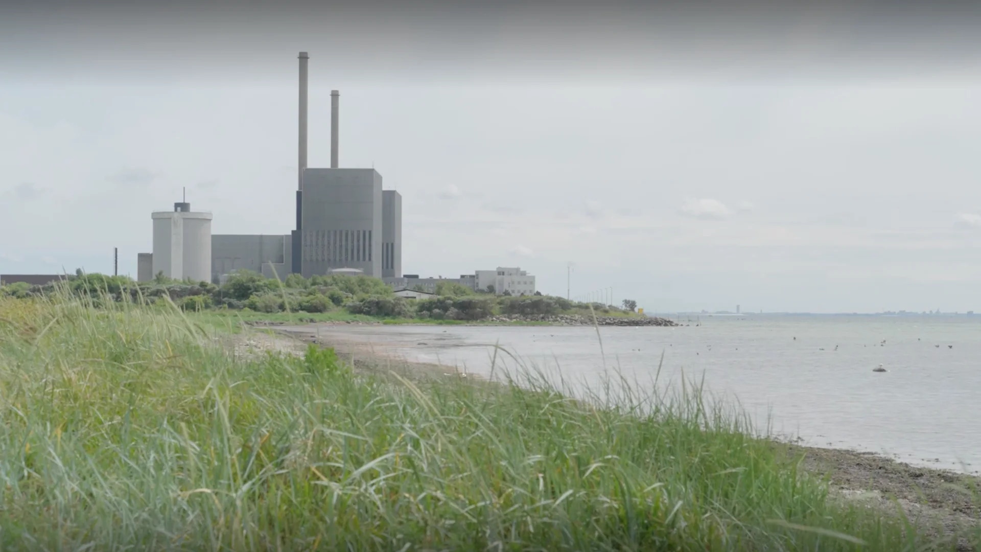 Industrianläggning med höga skorstenar vid en strand. I förgrunden växer gräs, och vattnet syns i bakgrunden under en molnig himmel.