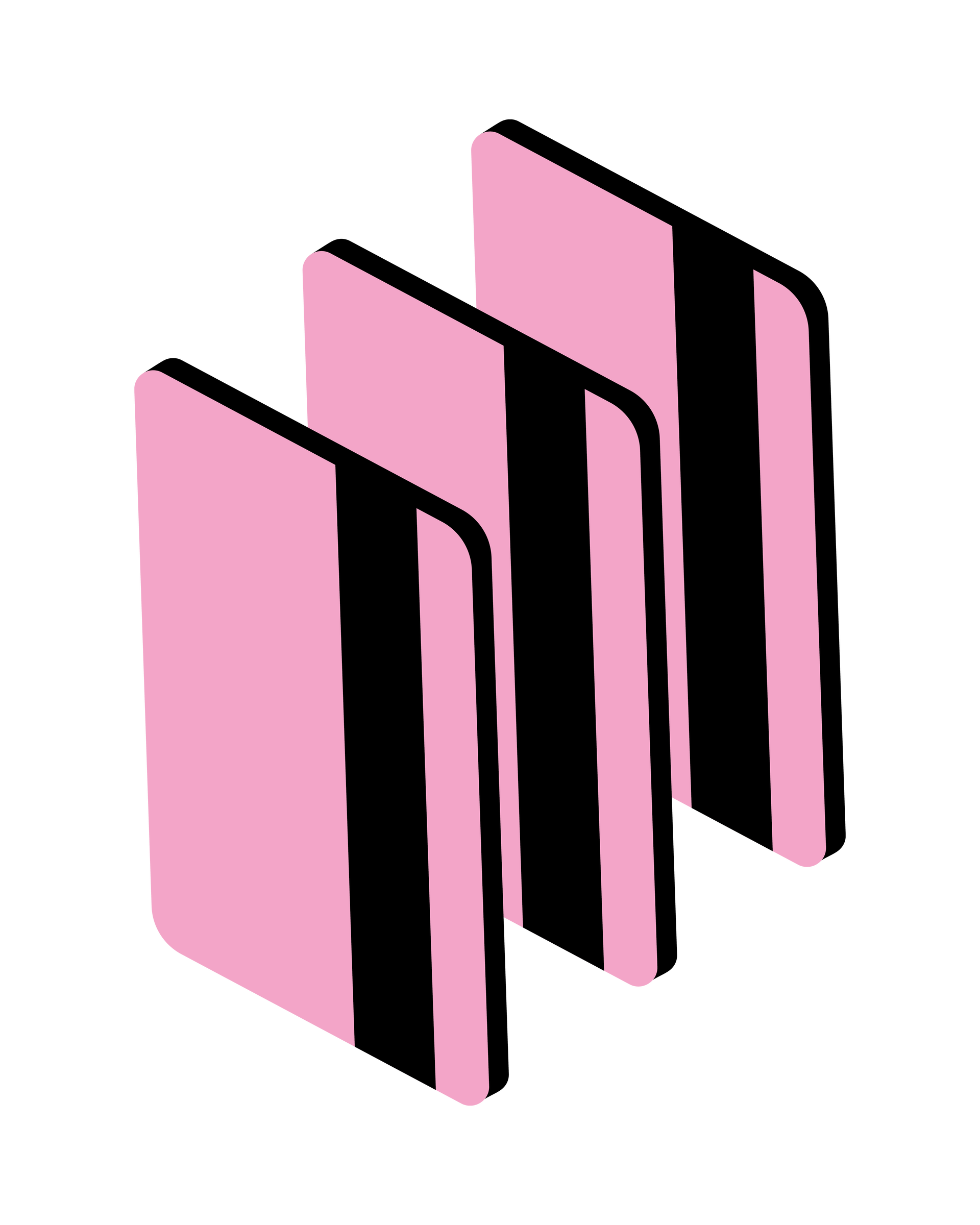 Tre rosa böcker staplade i isometrisk vy med svarta ryggar