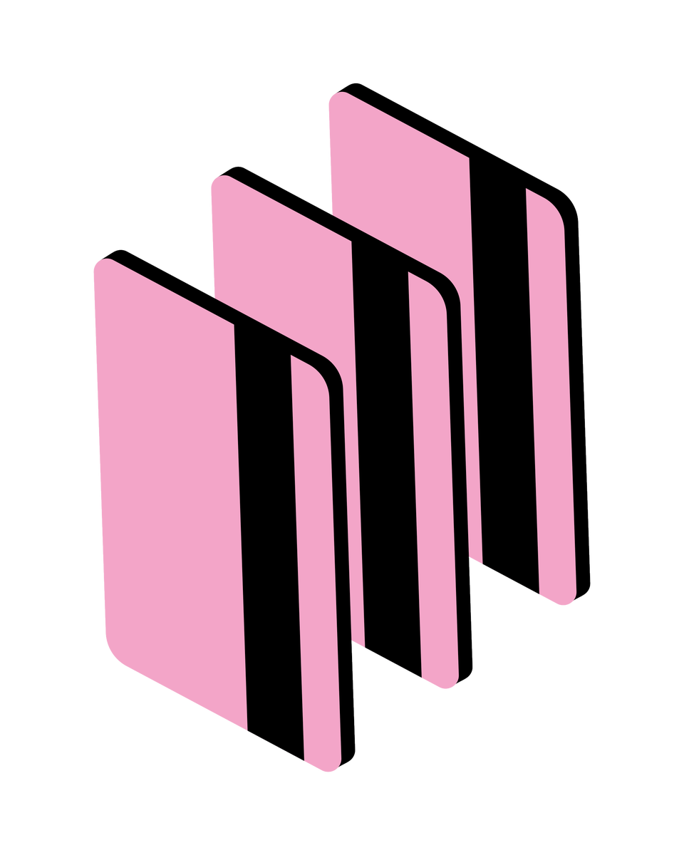 Tre rosa böcker staplade i isometrisk vy med svarta ryggar