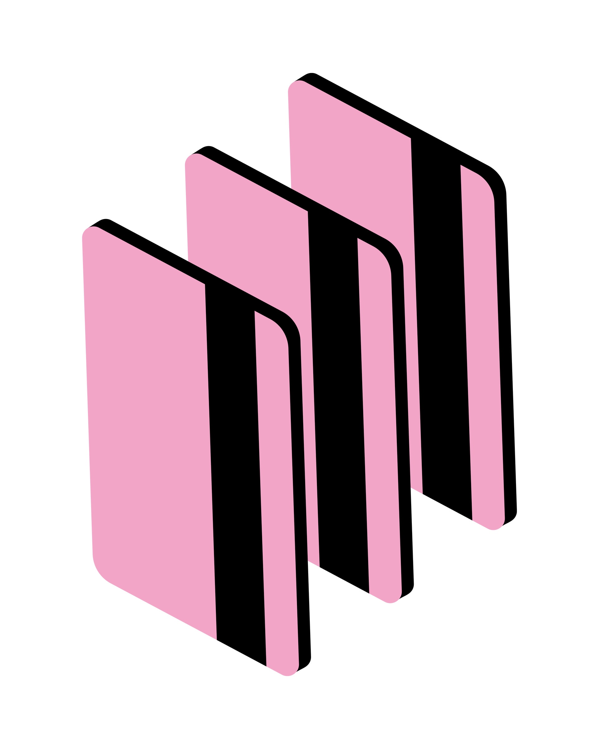 Tre rosa böcker staplade i isometrisk vy med svarta ryggar