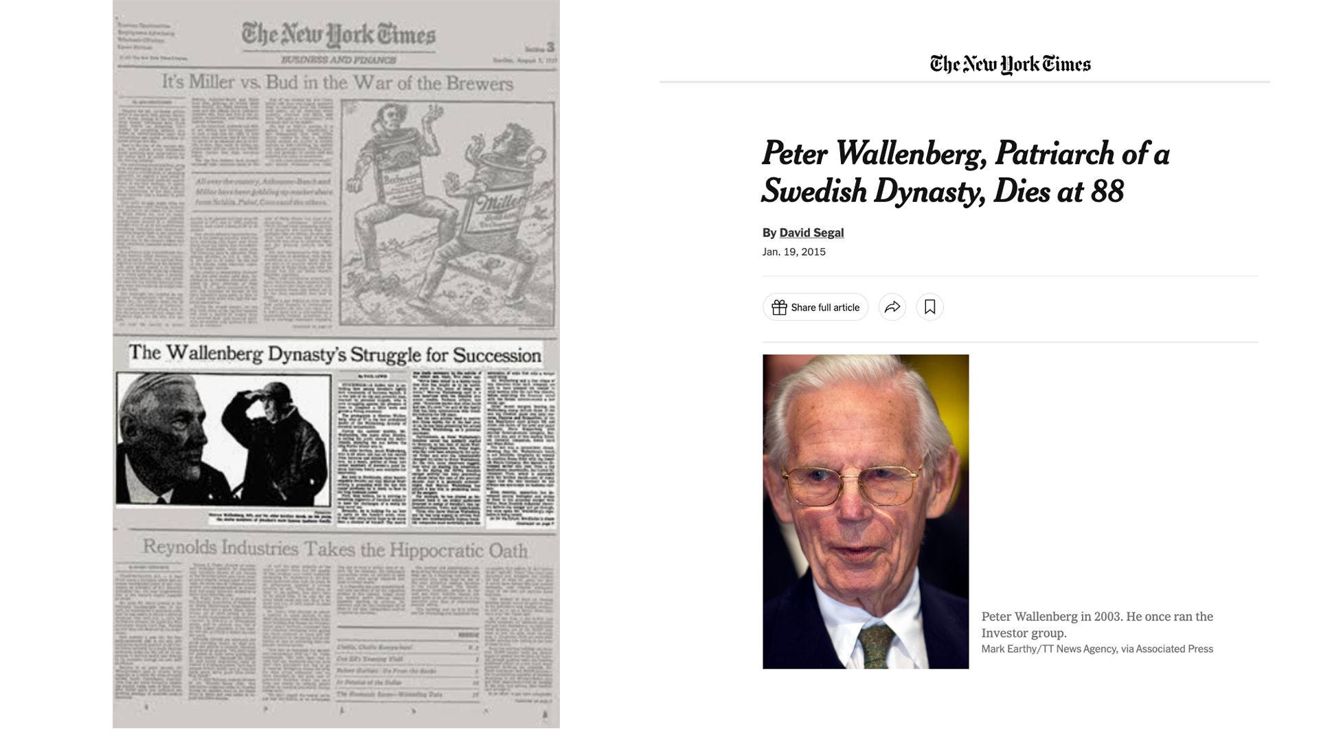 Två tidningsartiklar från The New York Times om Peter Wallenberg och den svenska Wallenbergfamiljen, med porträtt av en äldre man.