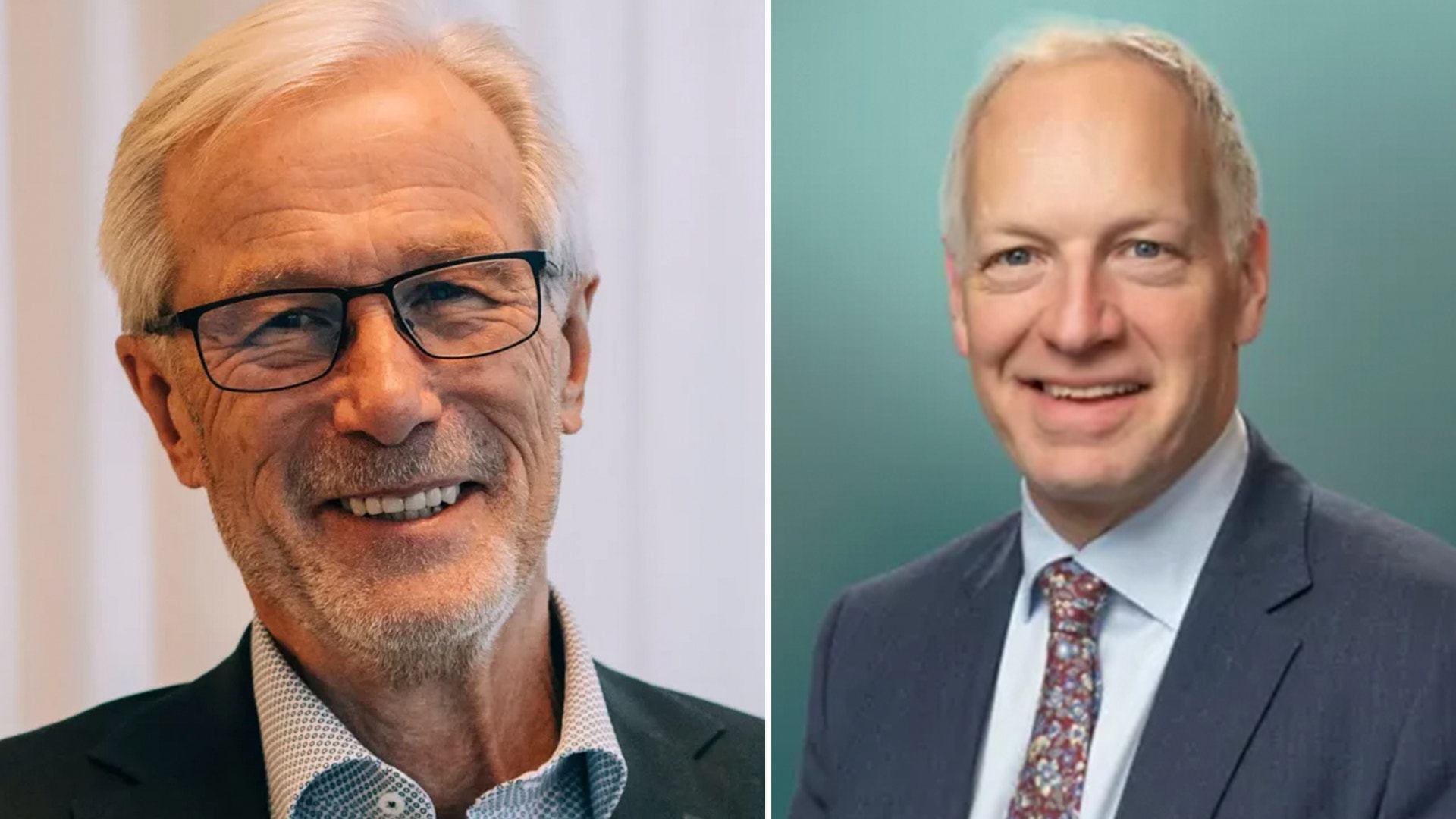 Två porträttfoton av män. Till vänster en äldre man med glasögon och skägg, till höger en man i kostym mot en turkos bakgrund.