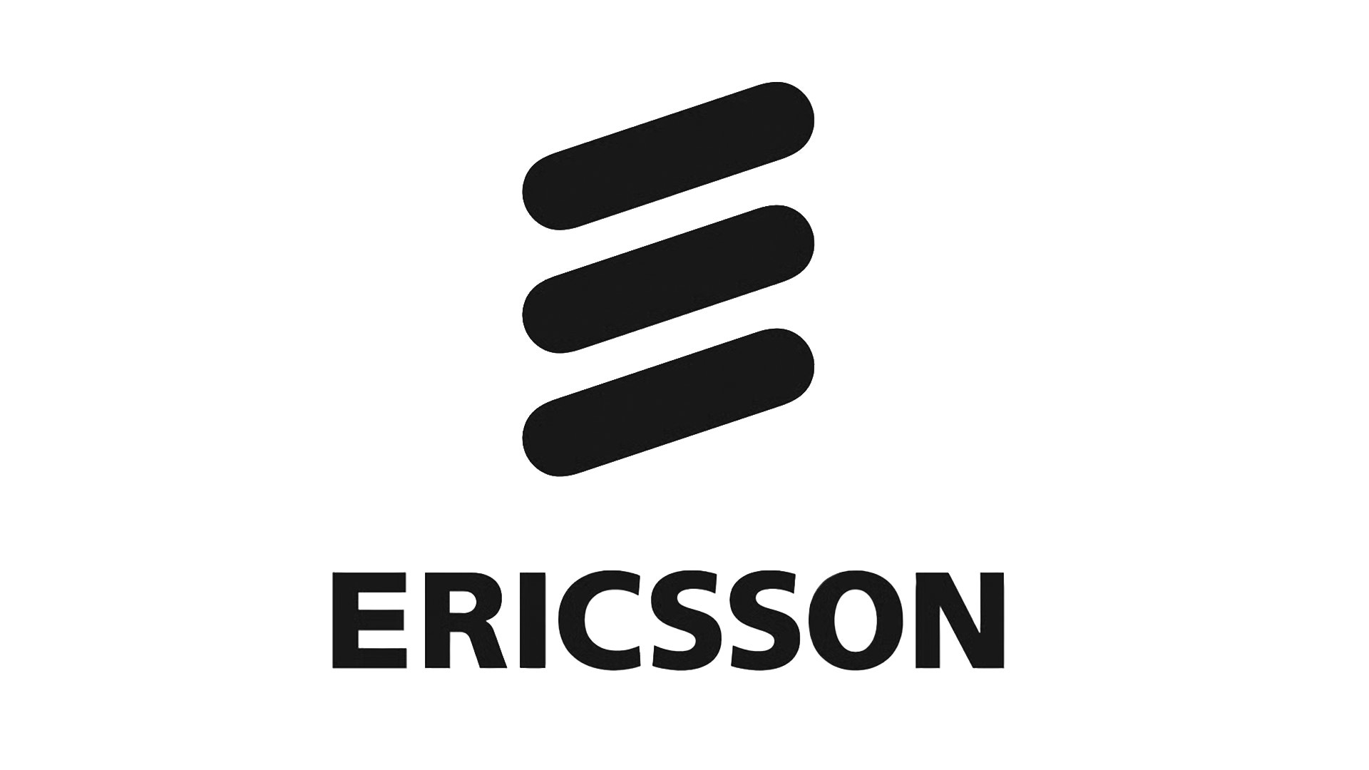 Ericssons logotyp: en symbol av tre sneda svarta streck ovanför ordet Ericsson.
