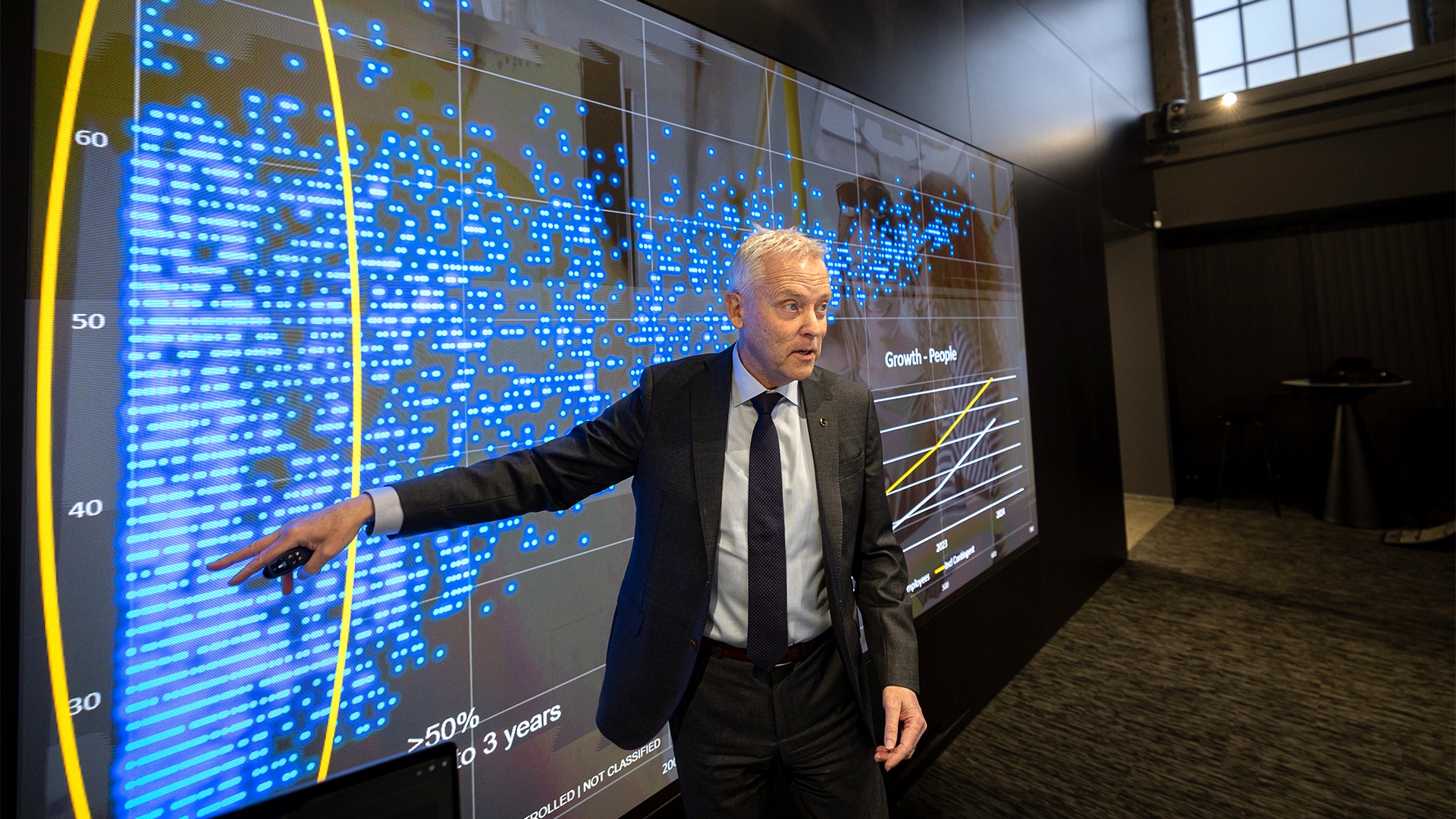 Man i kostym presenterar framför en stor digital skärm med blå datavisualisering och grafer