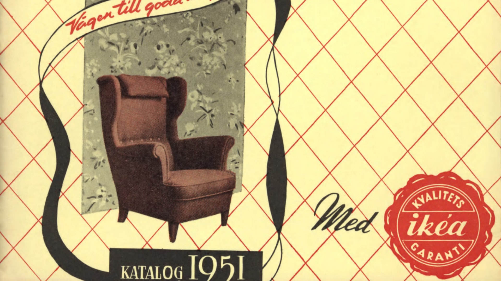 Vintage IKEA-katalogomslag från 1951 med en brun fåtölj