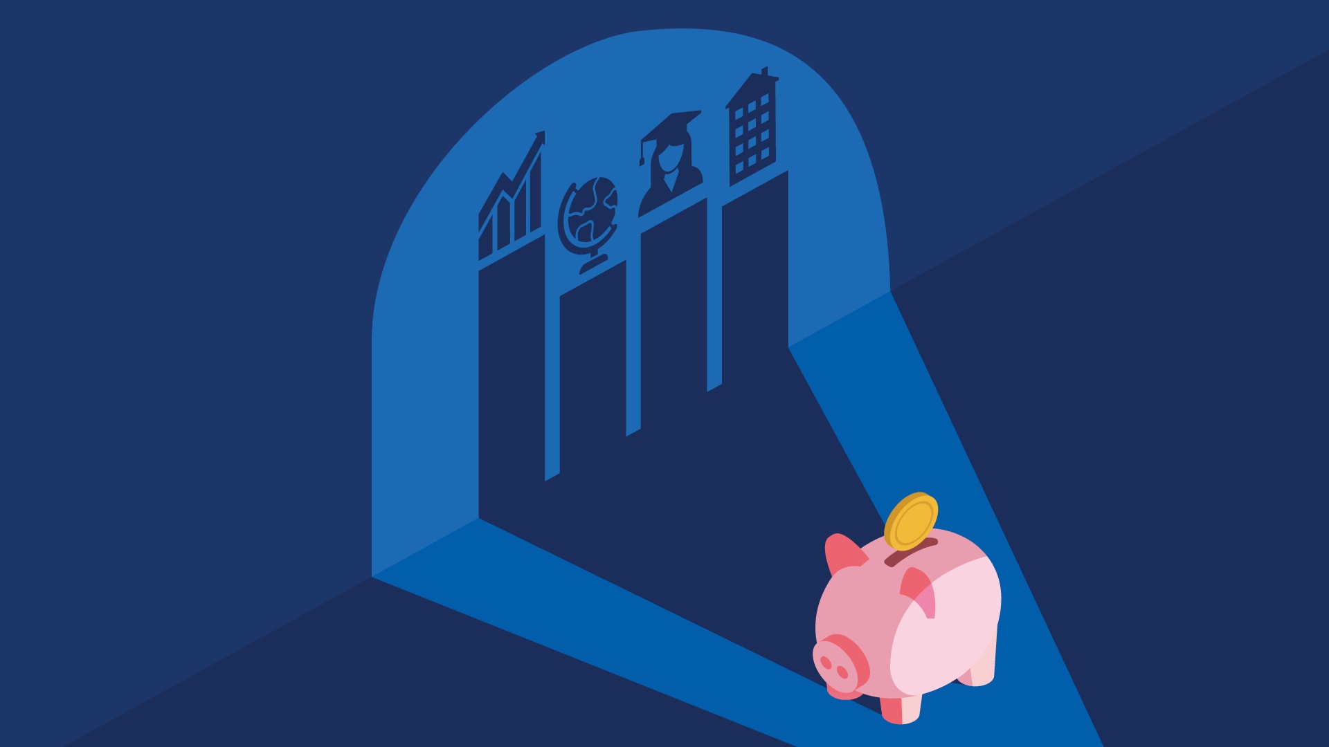 Illustration av ett rosa spargris med ett guldmynt, omgivet av ikoner för finansiella koncept som grafer, klocka och byggnader på en blå bakgrund.