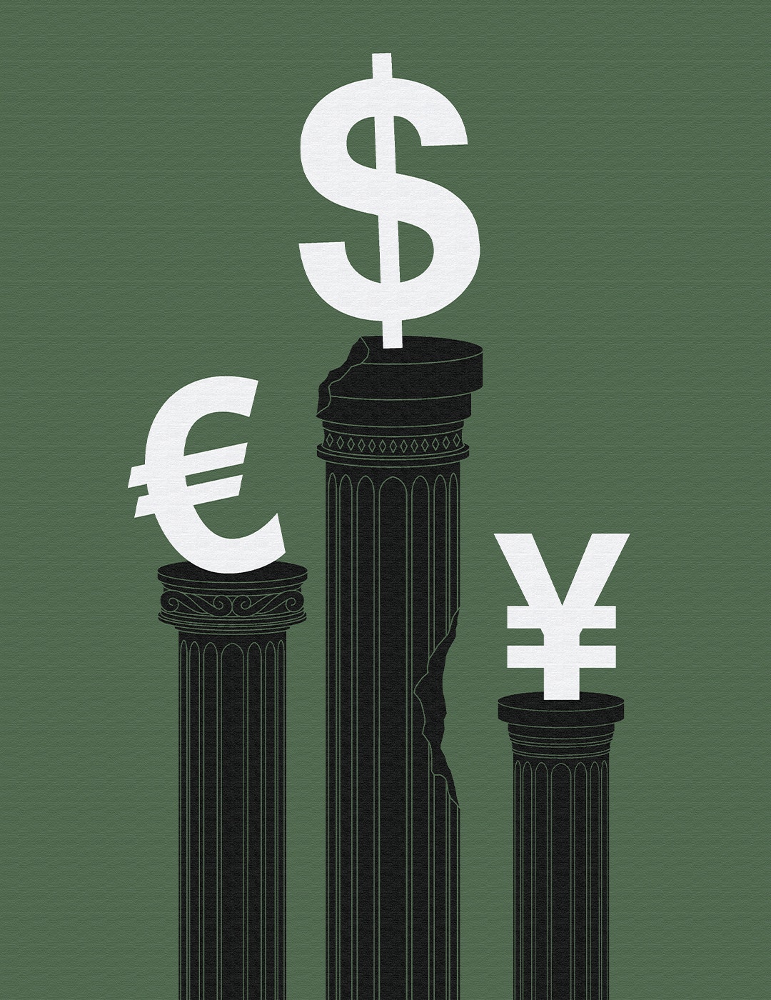 Illustration med valutasymboler för dollar, euro och yen placerade på klassiska kolonner av olika höjd mot grön bakgrund.