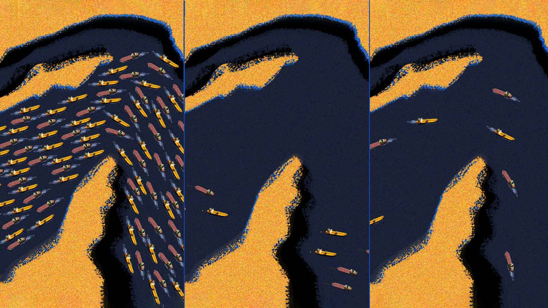 Stiliserad illustration av en fågel i gult mot mörkblå bakgrund, visad i tre zoomade perspektiv.