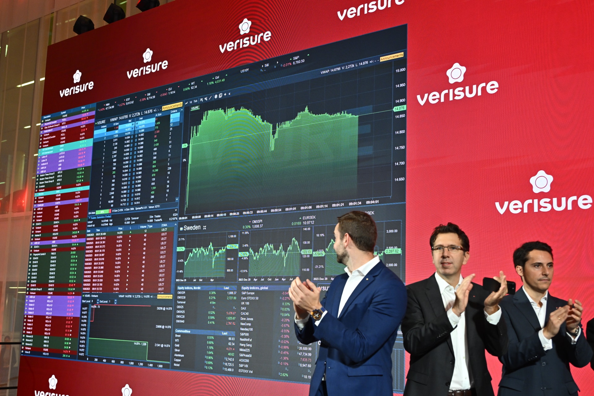 Tre män i affärsklädsel presenterar framför en stor röd vägg med Verisure-logotyper. En stor skärm bakom dem visar finansiella grafer och marknadsdata.