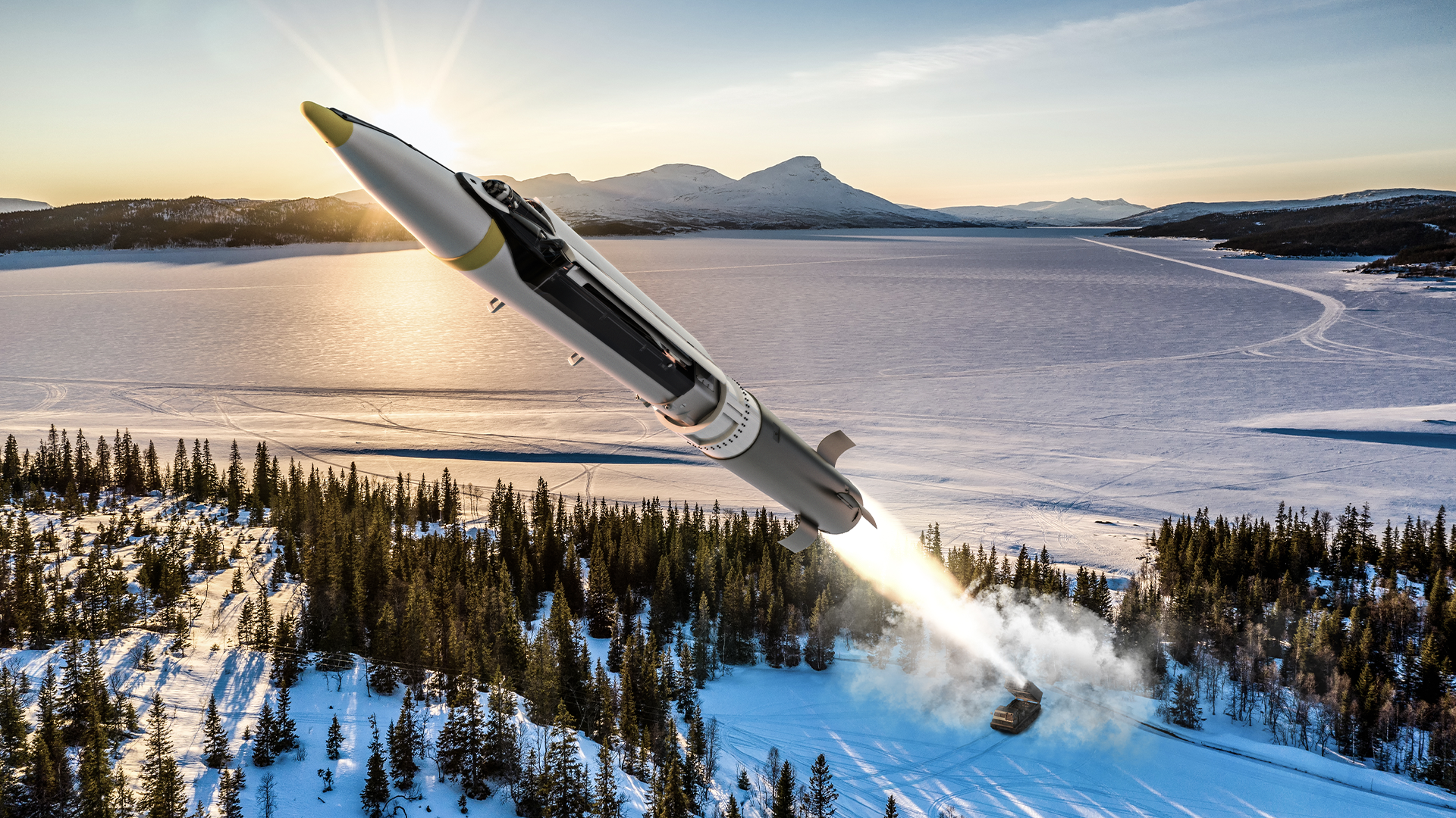 Raket som startar över snöig vinterlandskap med frysta sjöar och skogar