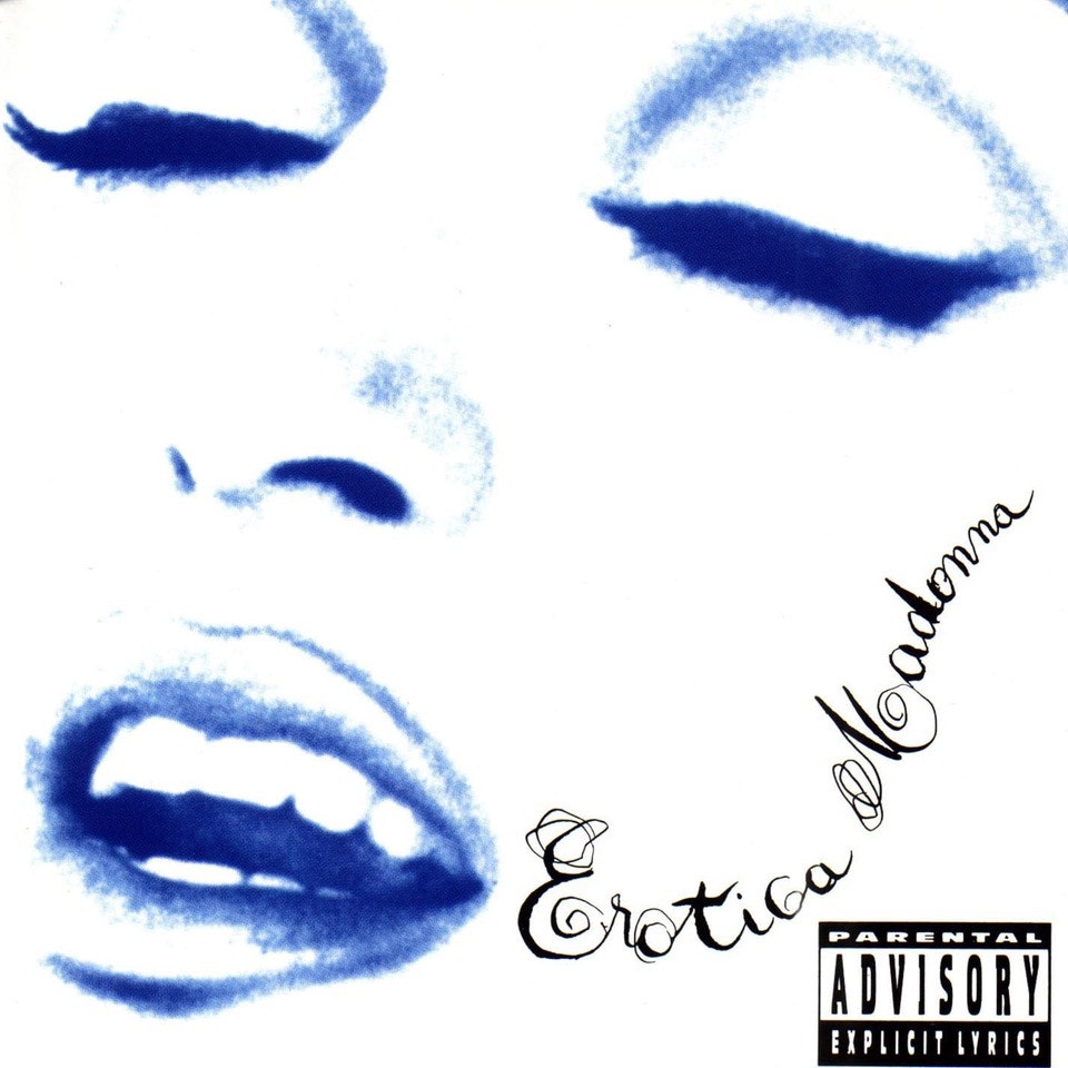 Albumomslag för Madonnas Erotica från 1992. Visar närbild av ansiktsdrag - ögon och mun - ritade i blå toner på vit bakgrund.