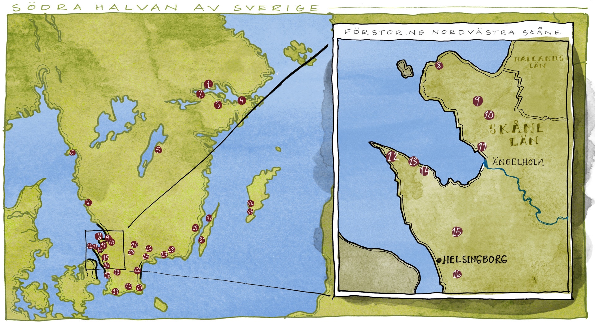 Karta över Sverige som visar vingårdar och vinregioner markerade med röda prickar. Kartan visar Sveriges gränser med gul-grön färg för land och blå för vatten. En förstorad detalj av Nordvästra Sverige visas i en separat ruta.
