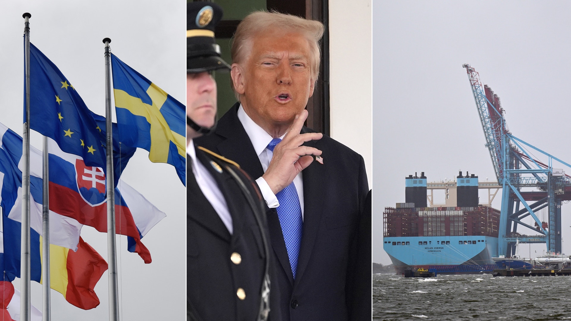 Donald Trump tillsammans med en kompletterande bild på flera flaggor, varav en är Sverige och en är EU, och sedan ännu en kompletterande bild på ett lastfartyg vid en hamn. 