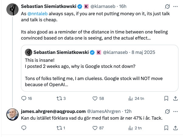 Skärmbild av ett inlägg på X där en användare skriver om att prata är billigt om man inte satsar pengar, med ett citerat äldre inlägg om Googles aktie. Under finns ett svar från en annan användare på svenska.