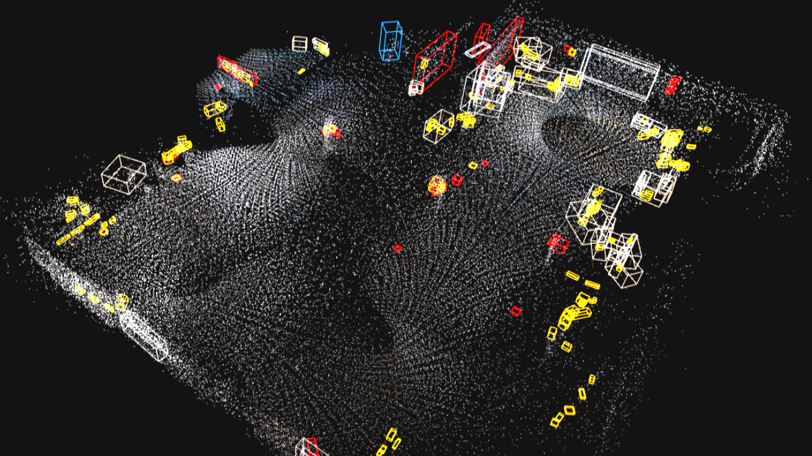 3D-visualisering av ett område sett från ovan med märkta objekt och strukturer representerade med färgade konturer och punkter mot mörk bakgrund.