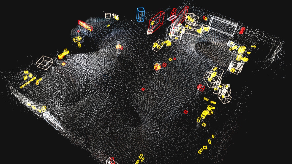 3D-visualisering av ett område sett från ovan med märkta objekt och strukturer representerade med färgade konturer och punkter mot mörk bakgrund.