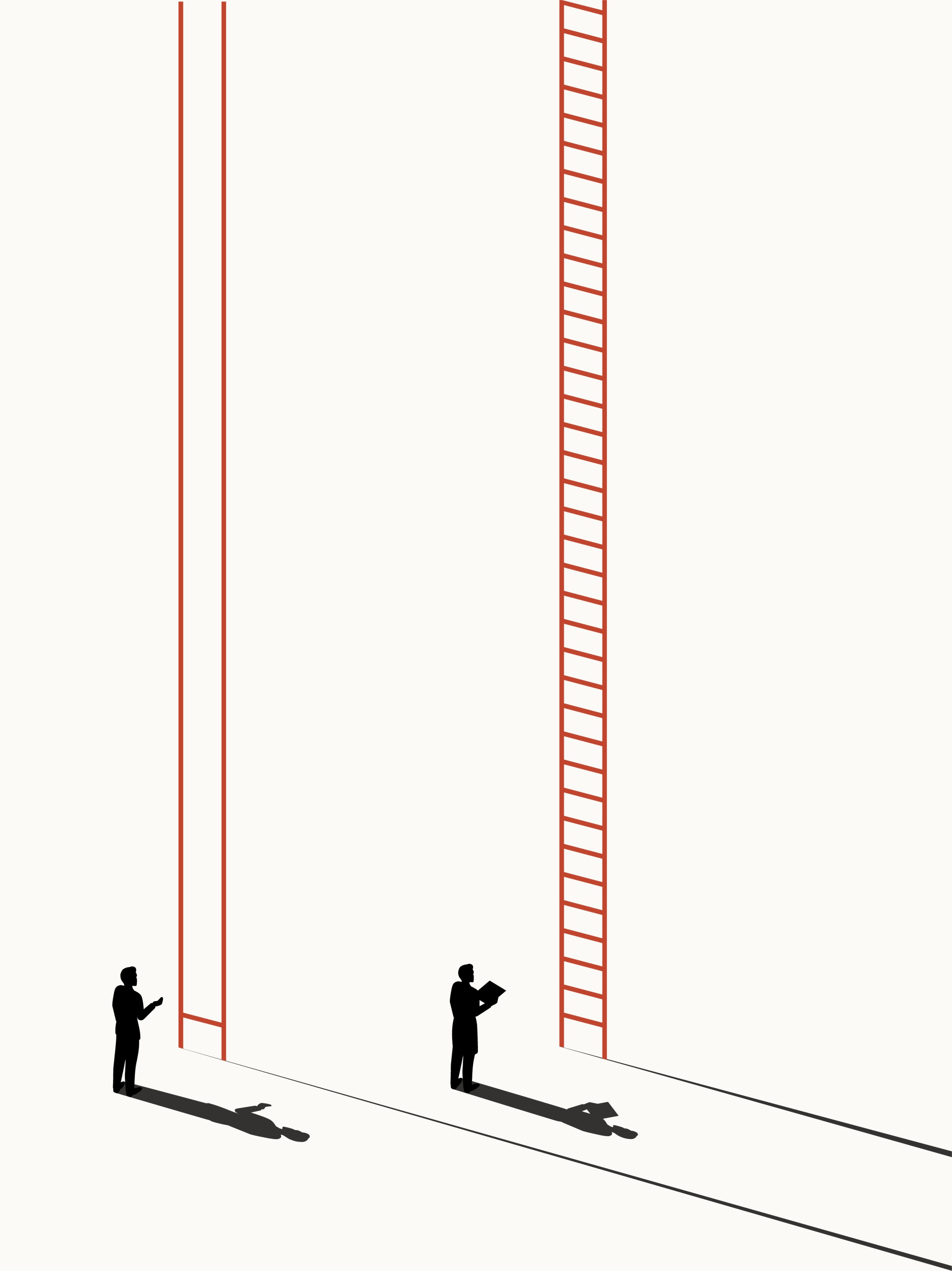 Illustration av två personer som står framför två röda stegar av olika höjd, symboliserar integration och olika vägar framåt.
