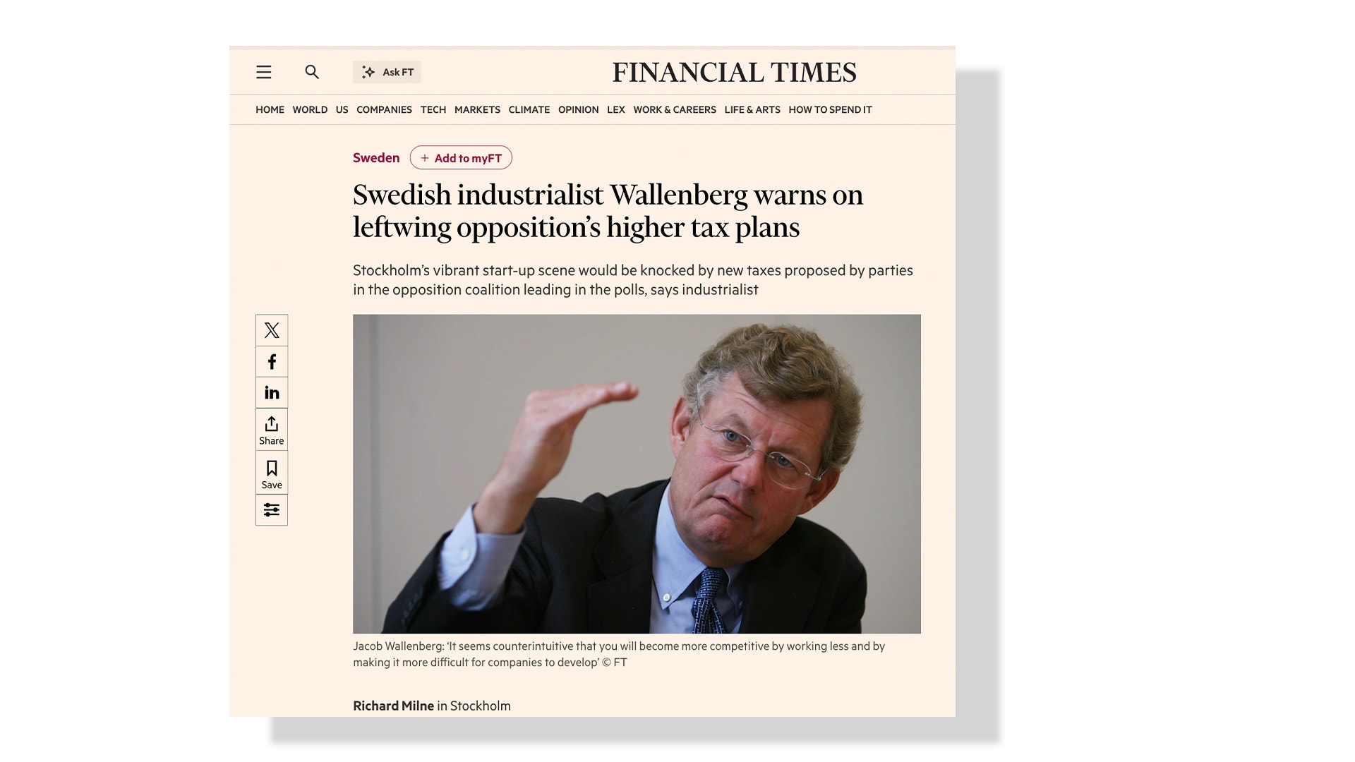 Skärmdump från Financial Times-artikel om svensk industrialist Wallenberg. Bilden visar en man i mörk kostym och blå skjorta som gestikulerar med handen.