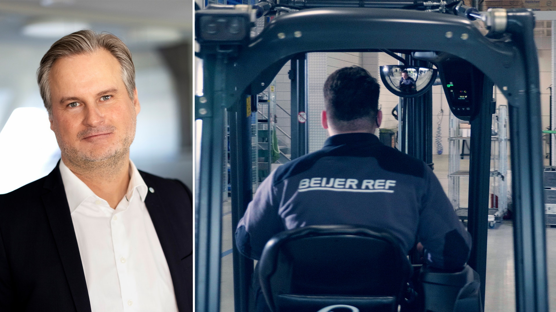 Sammansatt bild med porträtt av en man i vit skjorta och mörk kavaj på vänster sida, och en man sedd från bak i en industriell miljö på höger sida.
